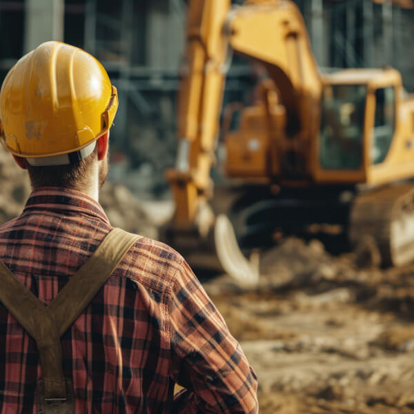 Profesional de la construcción mirando el trabajo de una excavadora hidráulica fuera de foco