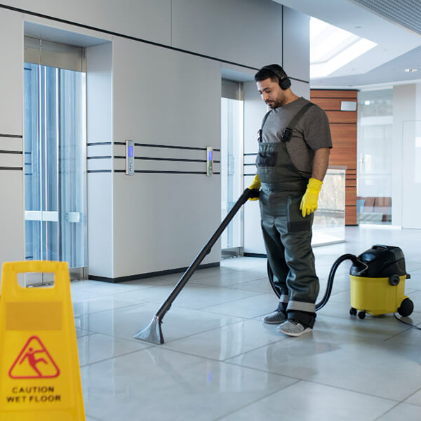 Profesional de limpieza aspirando el piso de un edifcio al lado de los ascensores