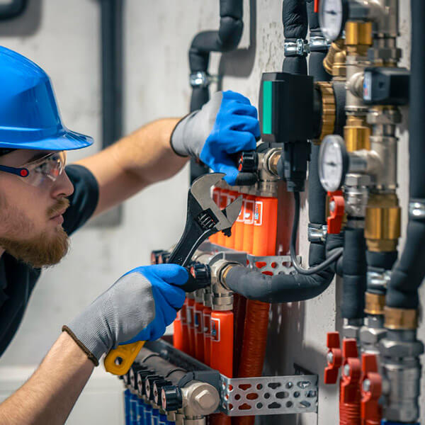 Obrero de sanitaria utilizando una llave inglesa en un sistema de bombas y presión de agua para una empresa uruguaya