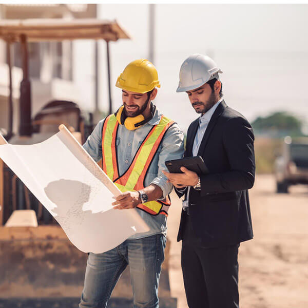 Profesionales de construcción de AdminPro revisando el plano de una obra en Rocha, Uruguay