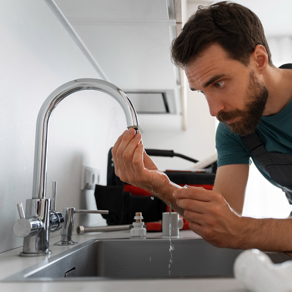 Hombre realizando un trabajo de grifería en la cocina de una empresa uruguaya