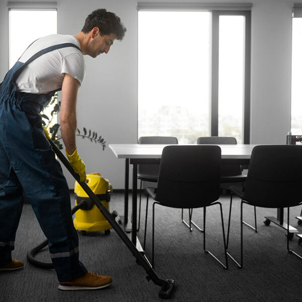 Empleado de empresa de limpieza limpiando una alfombra en una oficina