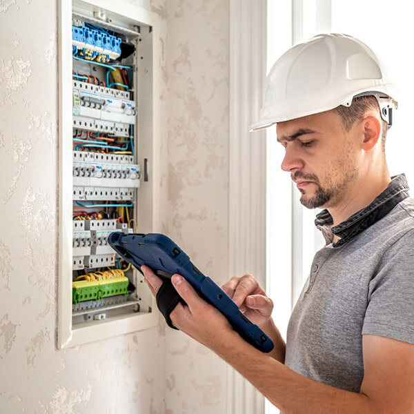 Mantenimiento preventivo por parte de profesional anotando en una tablet los resultados