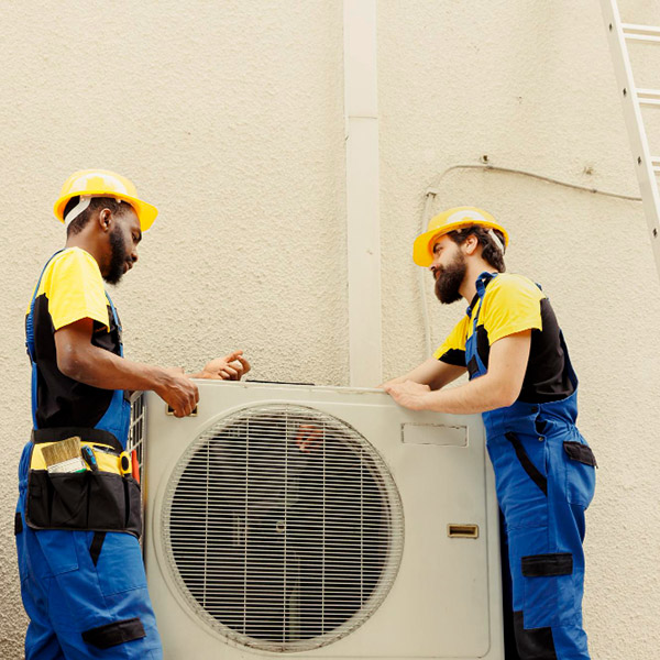 Dos profesionales de climatización de la red AdminPro trabajando en un aire acondicionado en el exterior