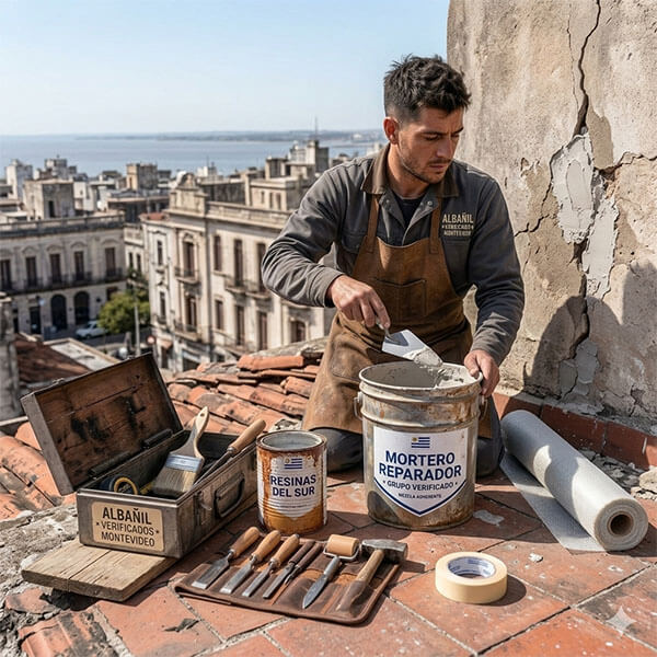 Albañil uruguayo reparando una pared en un techo de un edificio de Montevideo