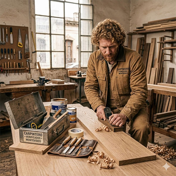 Carpintero profesional lijando madera manualmente en un taller de carpintería en Montevideo.