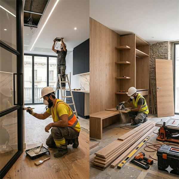 Carpinteros de AdminPro realizando acabados de madera en un apartamento