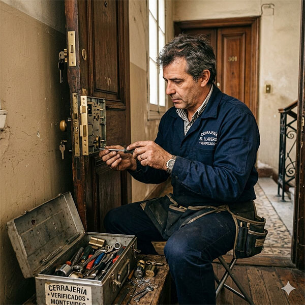 Cerrajero reparando la cerradura de una puerta de un apartamento antiguo en Uruguay