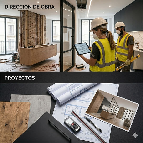 Imagen dividida en dos partes, arriba son dos obreros que se encargan de dirigir una obra y abajo una mesa con un proyecto para modificar el living de un hogar