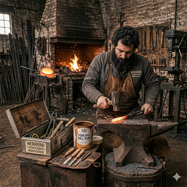 Herrero montevideano forjando metal en su lugar de trabajo