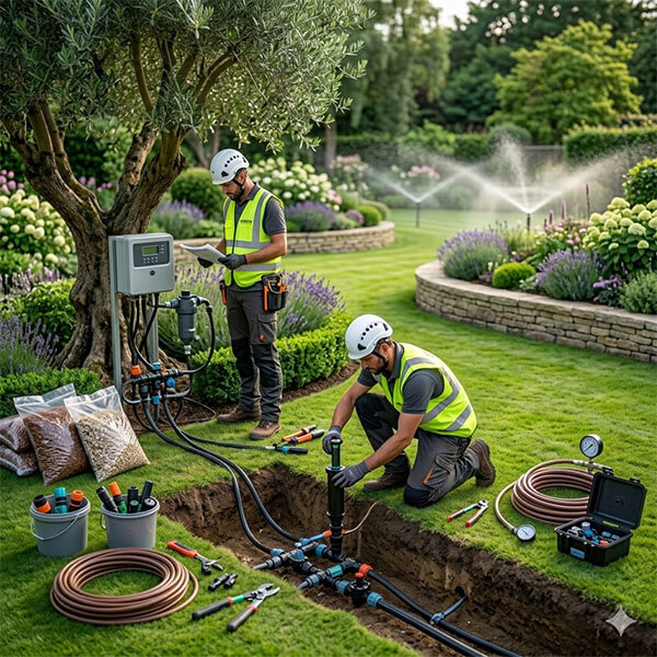 Dos jardineros instalando un sistema de riego en un amplio jardín de Rocha