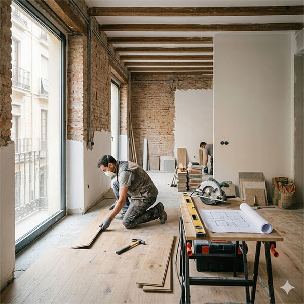 Un obrero instalando un piso, trabajando en la reforma de un apartamento en Montevideo