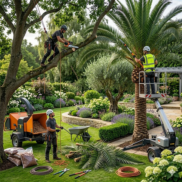 Jardineros de AdminPro podando árboles y palmeras en un hermoso jardín