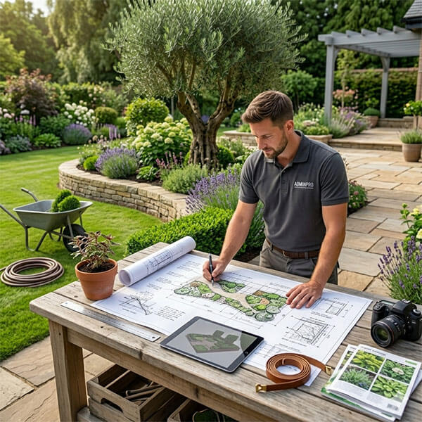 Profesional de AdminPro creando un proyecto de paisajismo al aire libre sobre una mesa de madera
