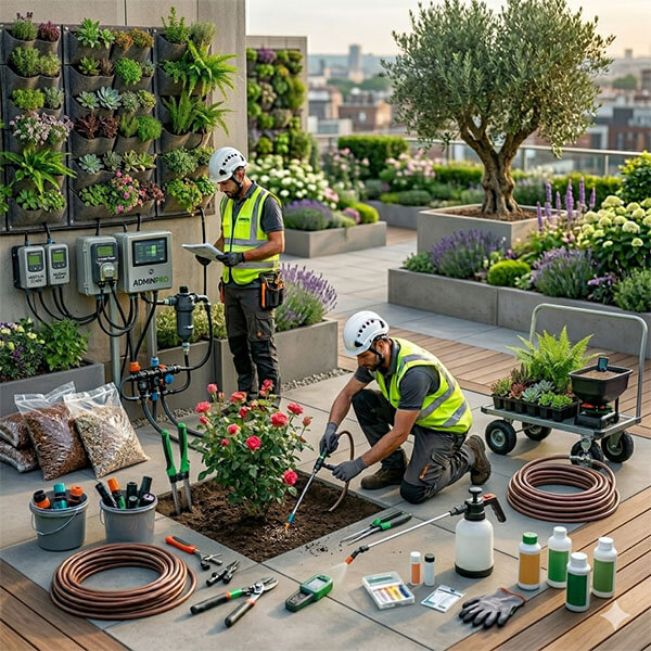 Dos profesionales trabajando en un jardín vertical sobre una terraza