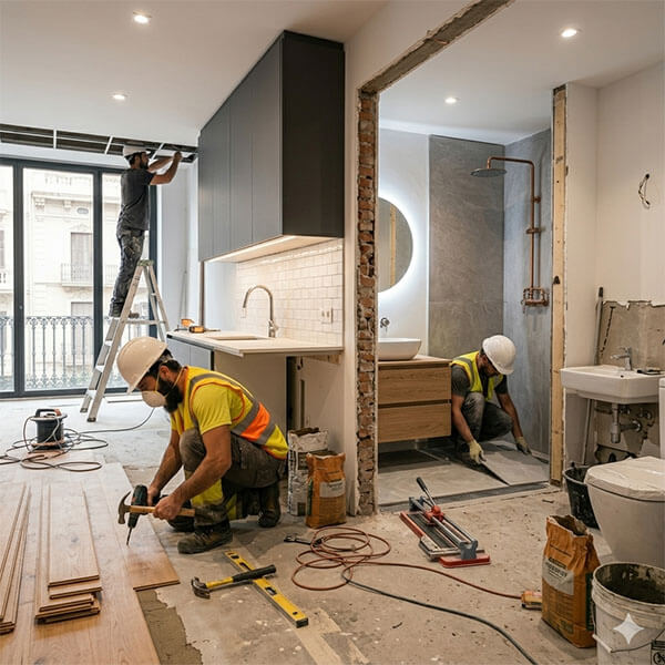 Obreros contratados a través de AdminPro realizando reformas de un baño y una cocina