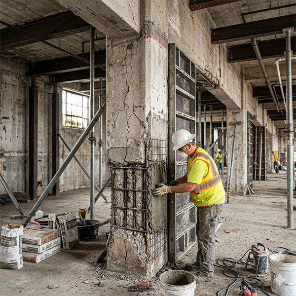 Obrero realizando la rehabilitacion estructural de una columna en un antiguo edificio del centro de Montevideo