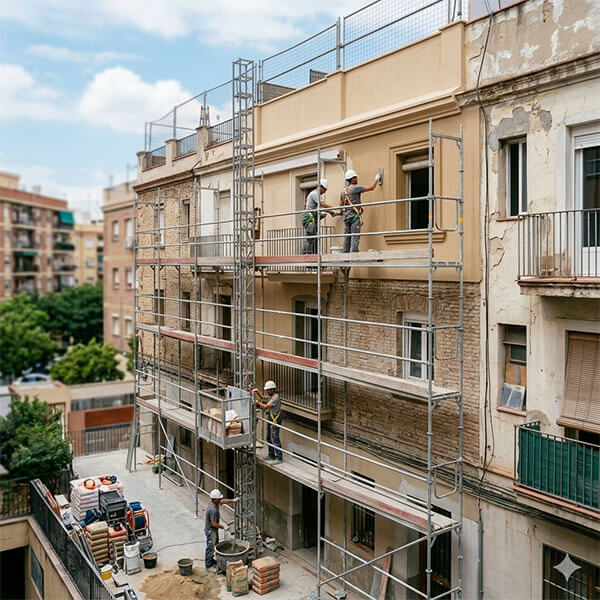 Varios obreros sobre un andamio realizando la rehabilitación de una fachada en Uruguay