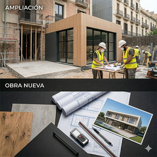 Imagen divida en dos, en la parte de arriba se muestran obreros trabajando en una ampliación de una casa y en la de abajo, los planos de una obra nueva