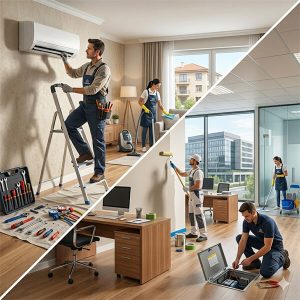 hogar-empresa-adminpro-uruguay Imagen dividida diagonalmente - Izquierda un hogar y a la derecha una oficina - Ambos recibiendo varios servicios de profesionales de AdminPro